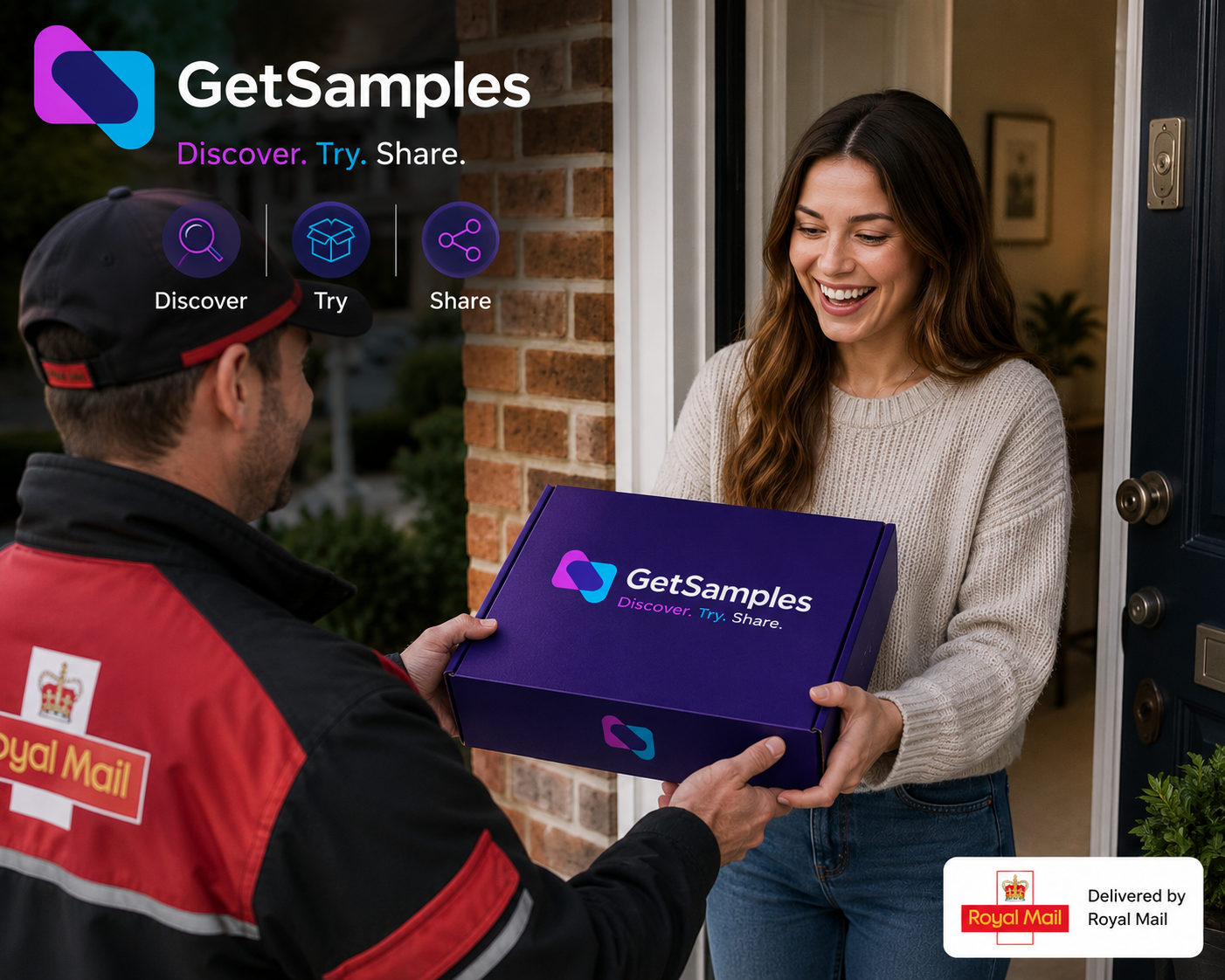 A Royal Mail postie handing a purple GetSamples discovery box to a smiling woman at her front door.